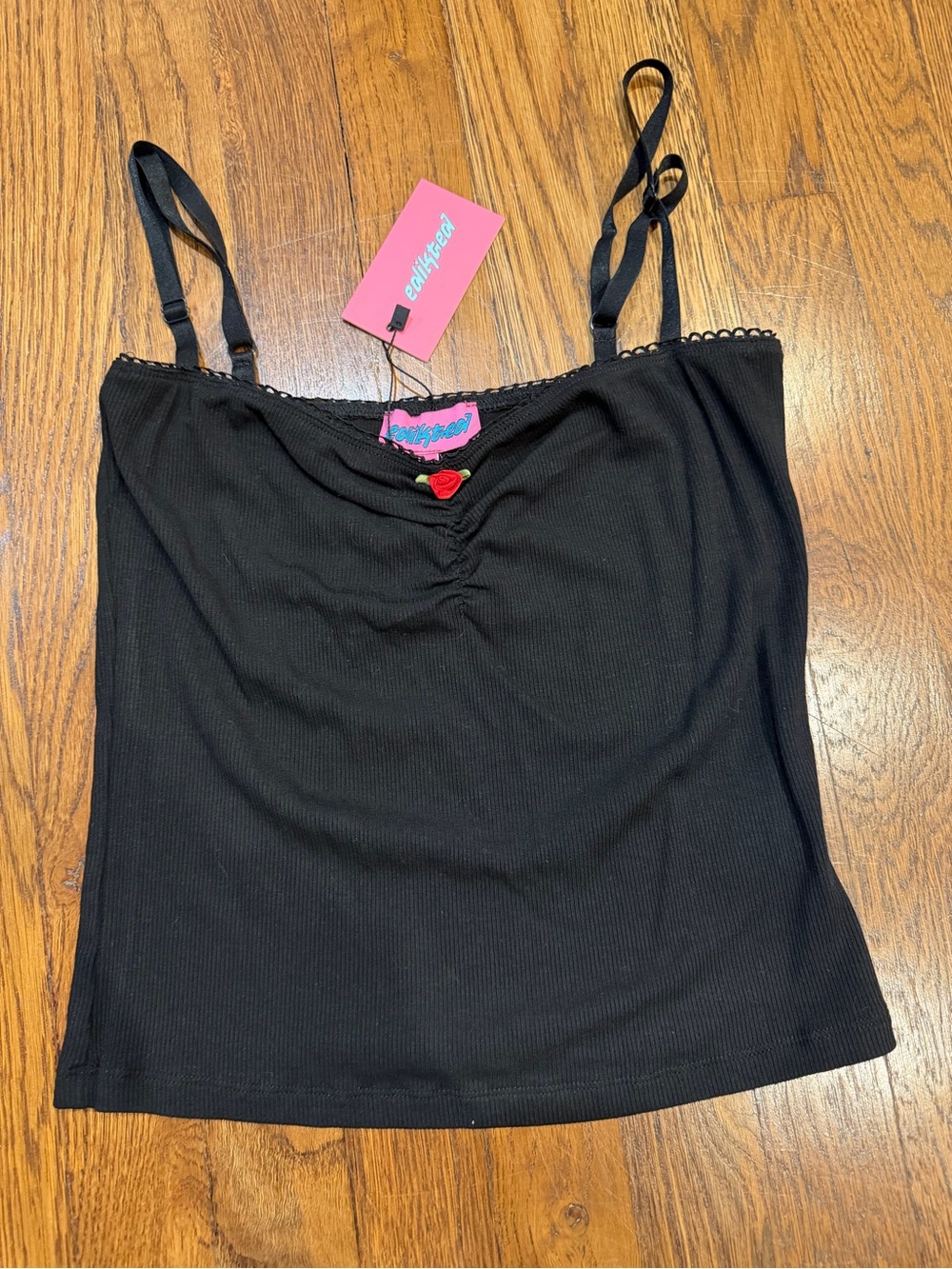 Edikted Black Ribbed Cami Tank Top with Rose Accent